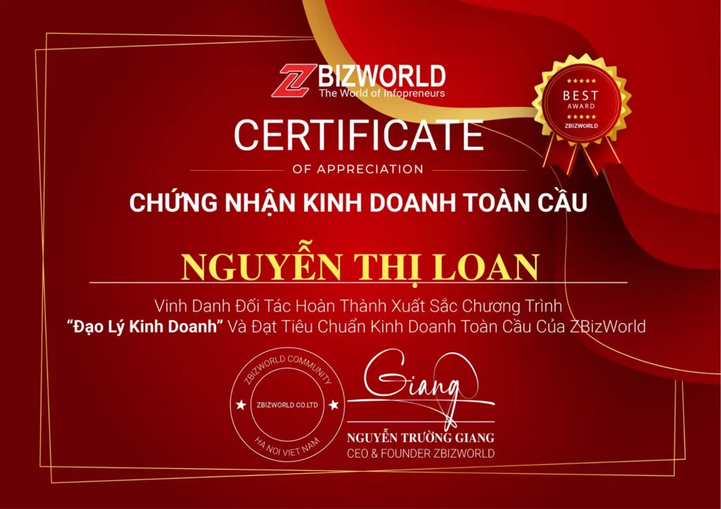Chứng nhận Đạo Lý Kinh Doanh của Nguyễn Thị Loan