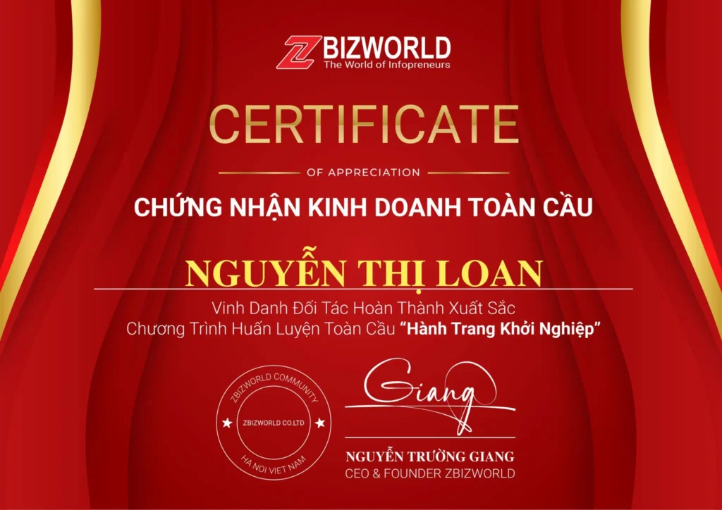Chứng nhận Hành Trang Khởi Nghiệp của Nguyễn Thị Loan